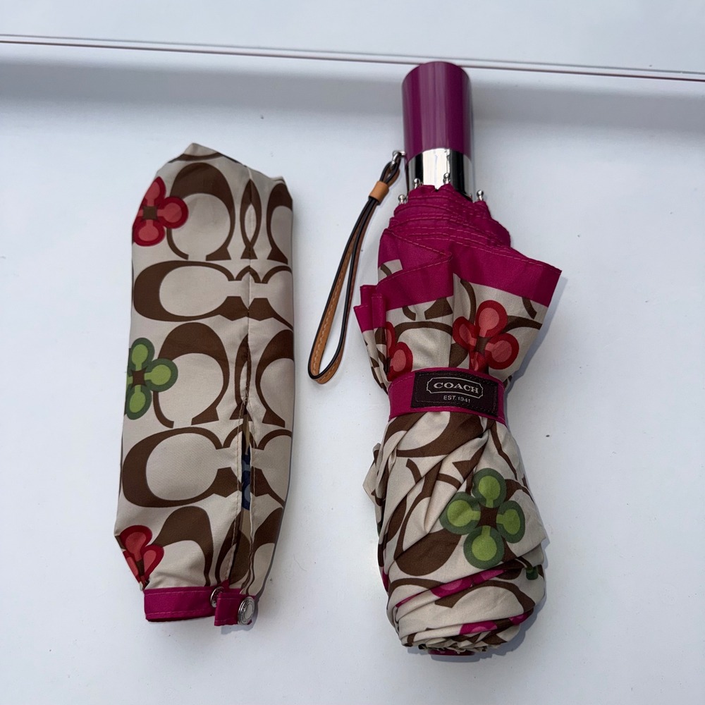 Coach Signature C Floral Automatic Umbrella Magenta Pink Tan Monogram + Sleeve